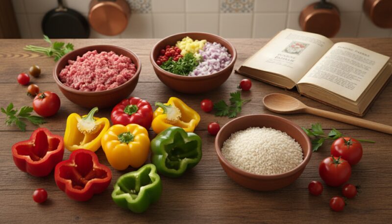 Sastojci za punjene paprike na stolu